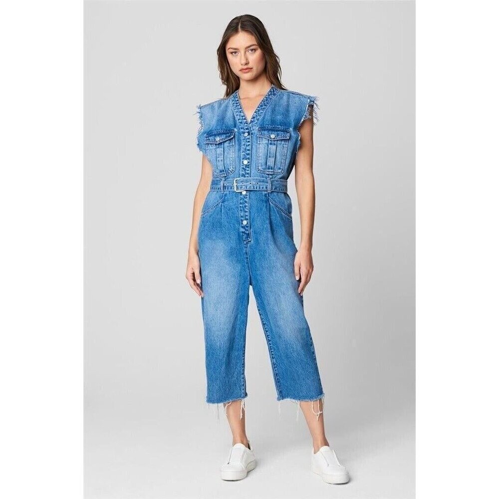 Blank NYC Denim Jumpsuit SMALL Relaxed Fit Belted Cropped Raw Straight Leg